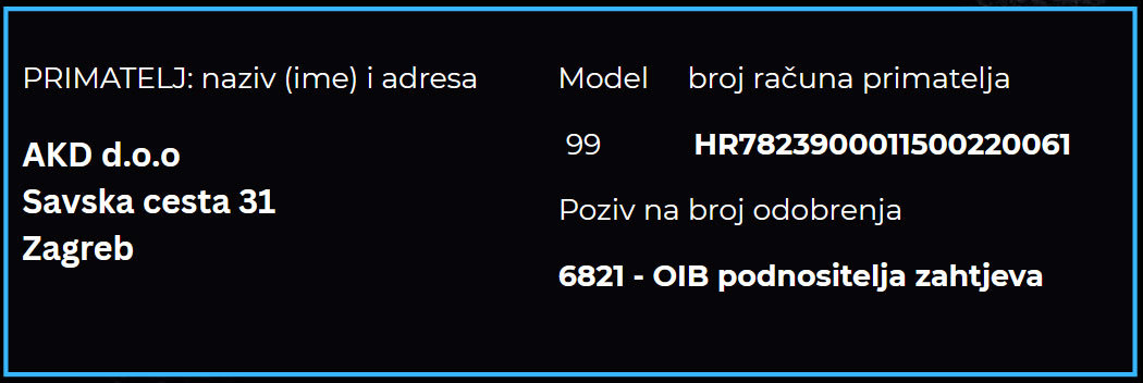 kartica autotaksi vozača - podaci za uplatu